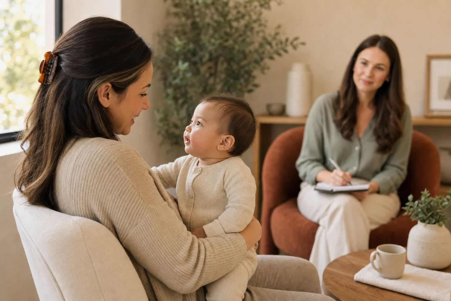 Parent holding baby during a calm clinic conversation