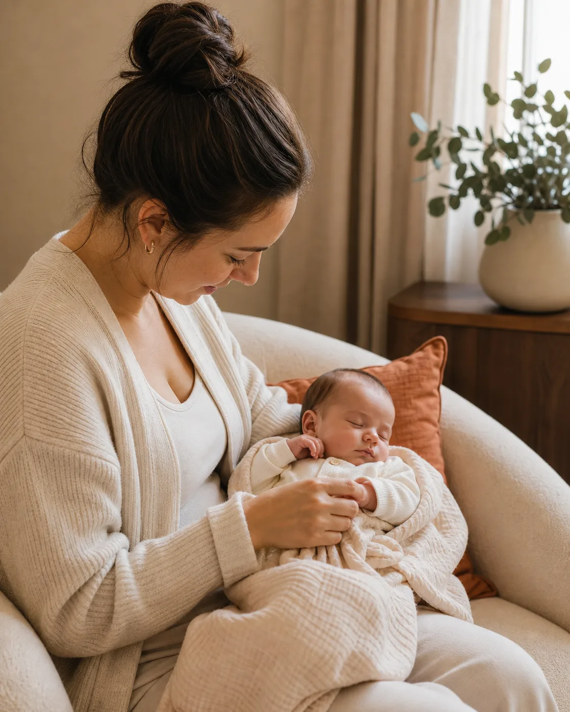 New mother adjusting a newborn's blanket in a calm clinic room