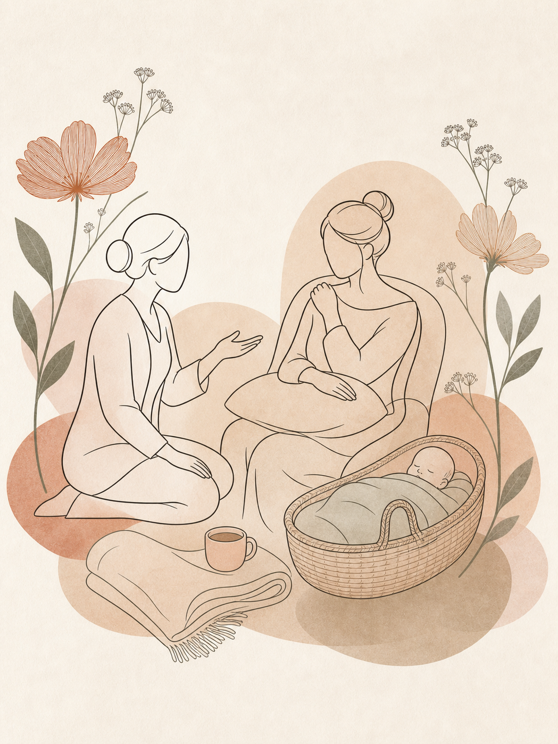 Parent and baby in a warm supportive postpartum care space