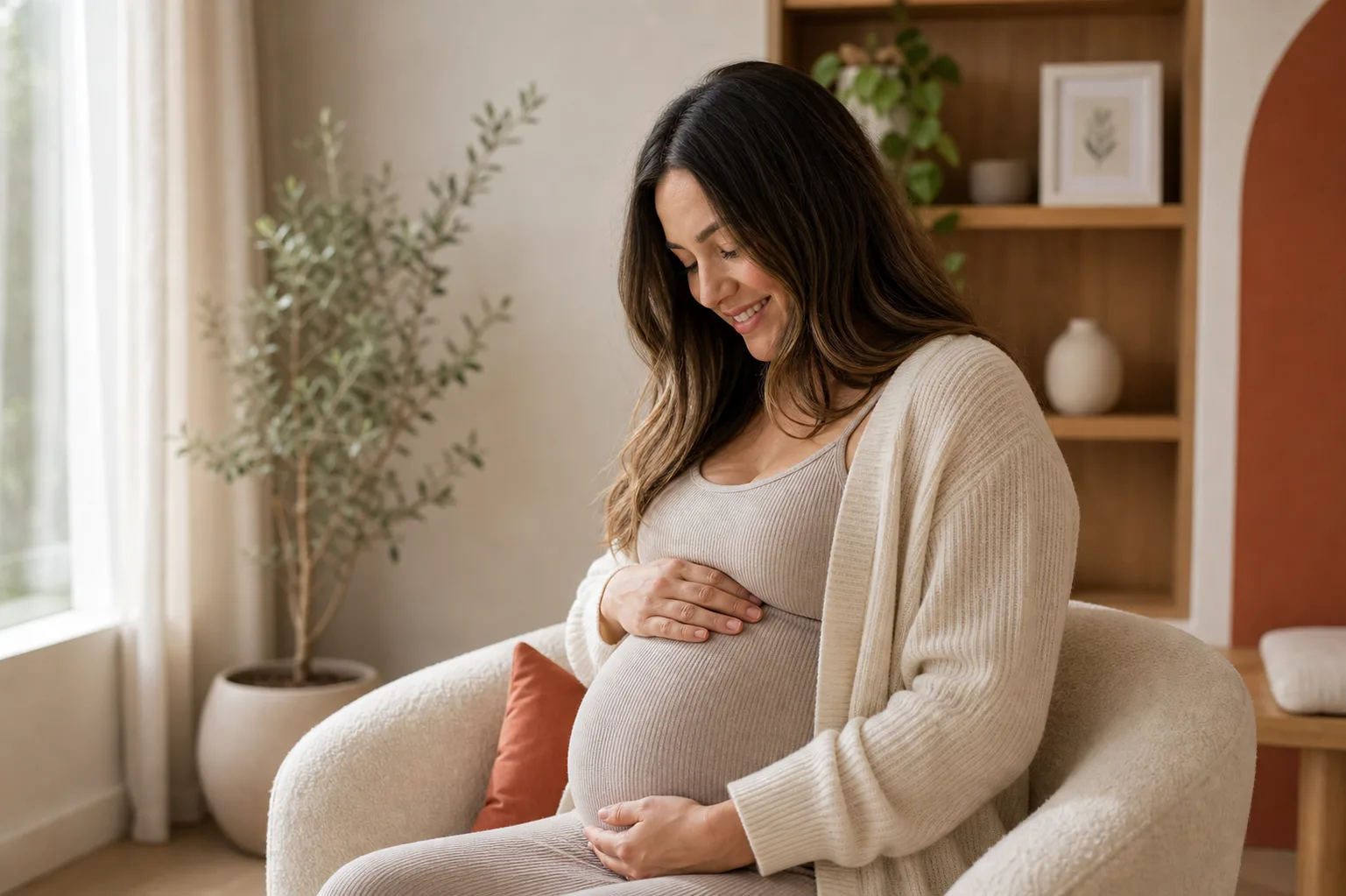 Pregnant mother seated in a calm clinic room